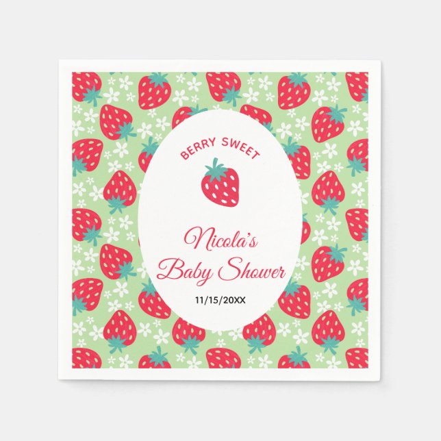Berry Sweet Green Strawberry Baby Shower Napkins (Front)