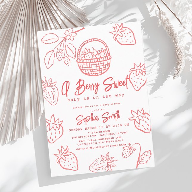 Berry Sweet Hand-drawn Strawberry Girl Baby Shower Invitation (Creator Uploaded)