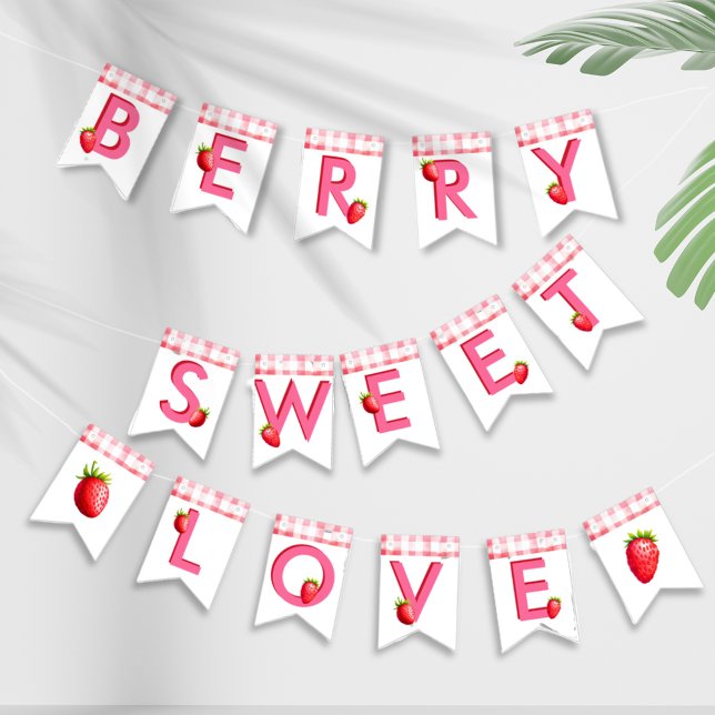 Berry Sweet Love Strawberry Gingham Pink Red Bach Bunting Flags (Berry Sweet Love Strawberry Gingham Country Chic flags bunting bachelorette hen party bride pink red)