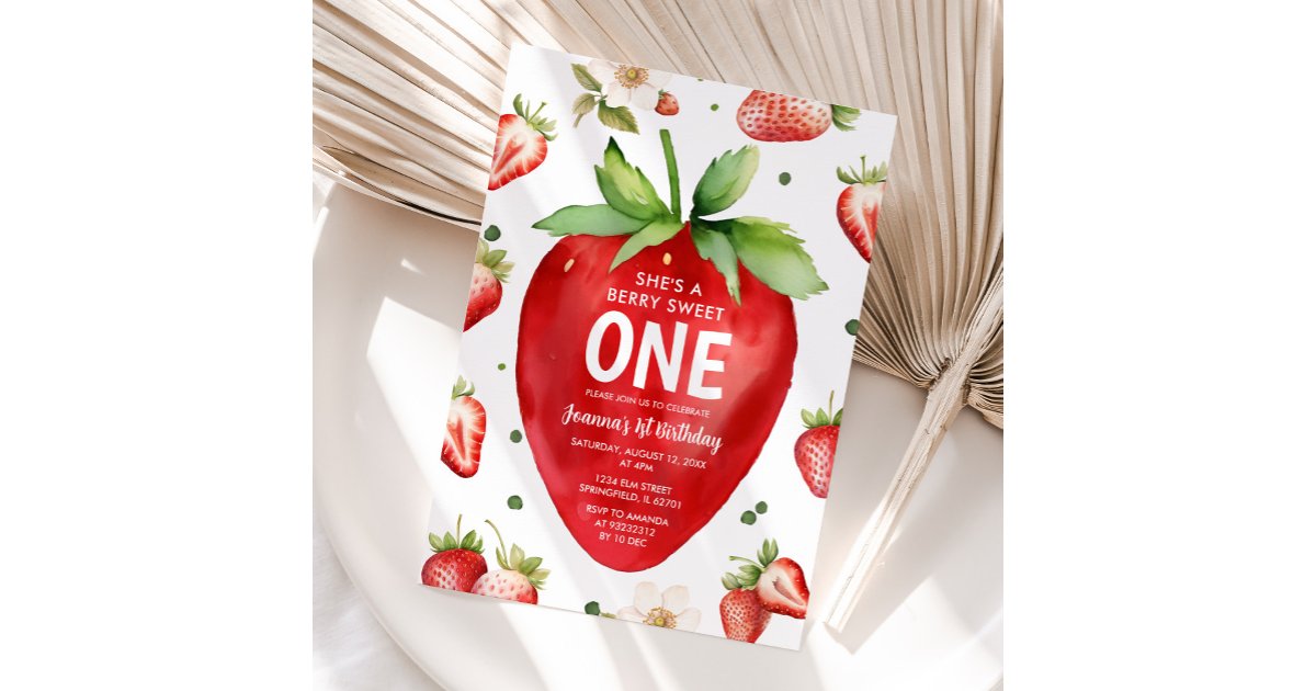 Berry Sweet One Cute Girl Strawberry 1st Birthday Invitation | Zazzle