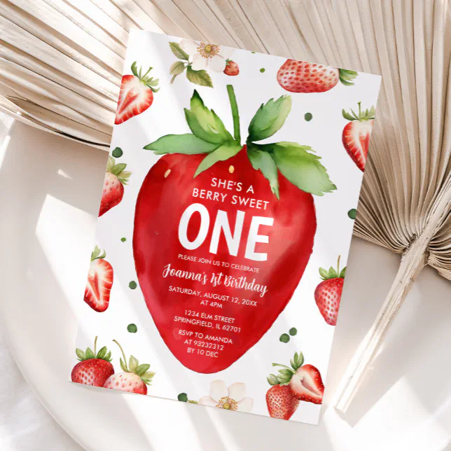 Berry Sweet One Cute Girl Strawberry 1st Birthday Invitation | Zazzle