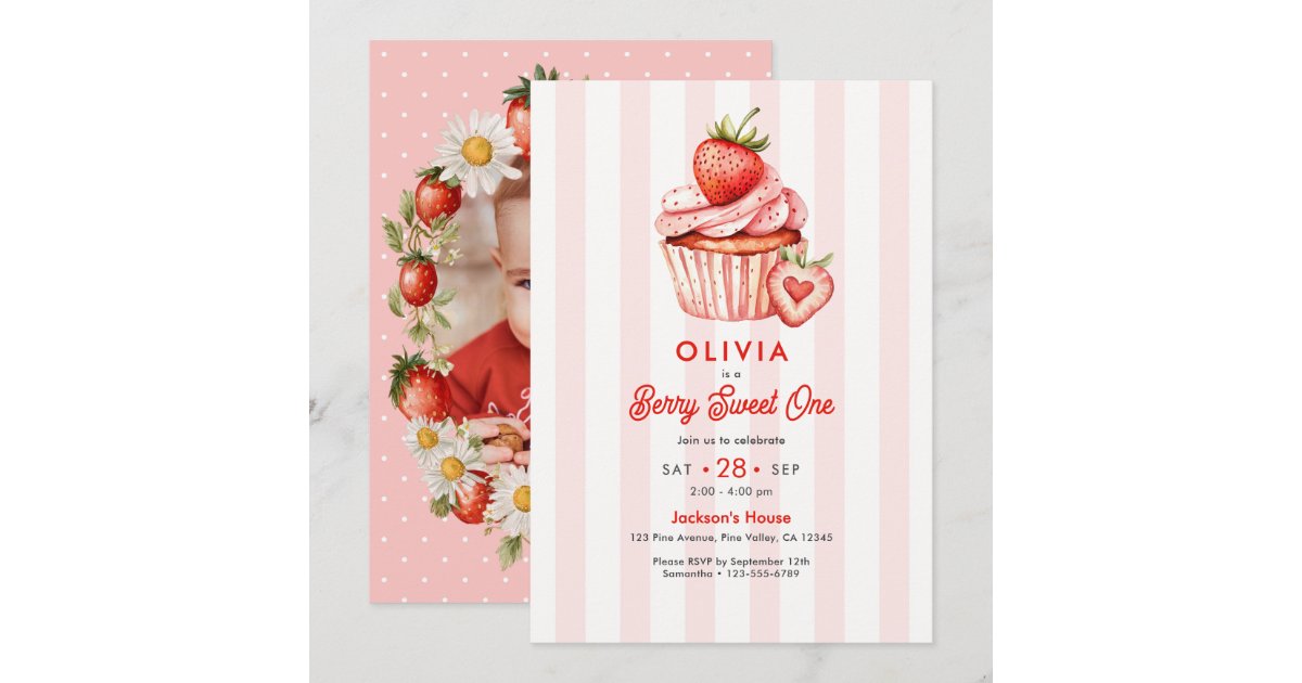 Berry Sweet One Photo Strawberry 1st Birthday Invitation | Zazzle