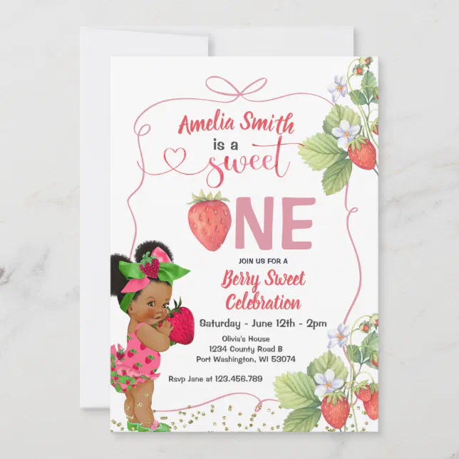 Berry Sweet ONE Strawberry Handdrawn 1st Birthday Invitation | Zazzle