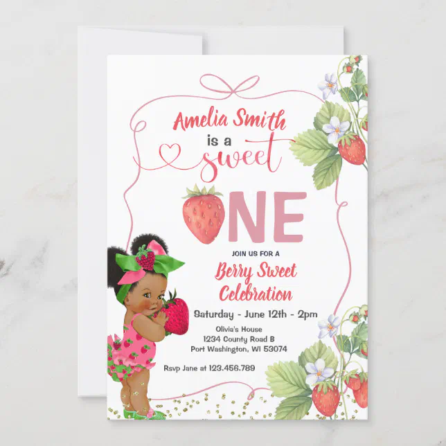 Berry Sweet ONE Strawberry Handdrawn 1st Birthday Invitation | Zazzle