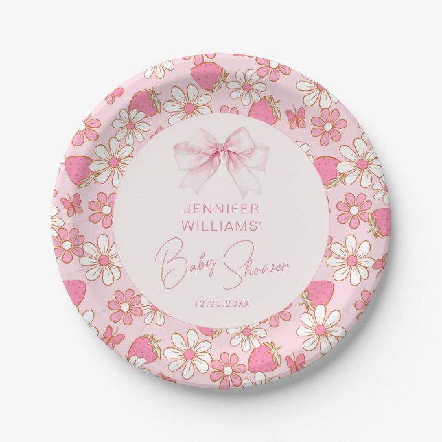 Berry Sweet Pink Bow Baby Girl Shower Paper Plates (Front)