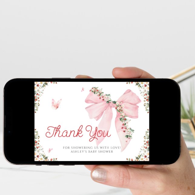 Berry sweet Pink Bow Baby Shower Thank You Card (Front Digital)