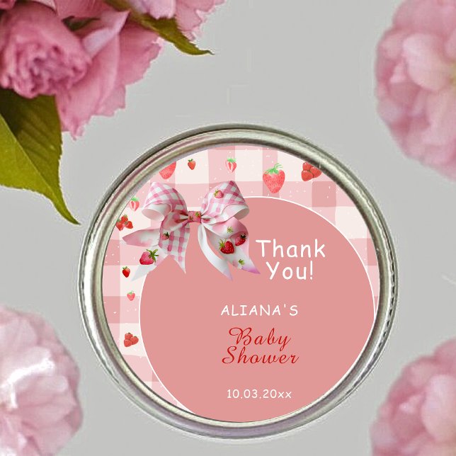 Berry Sweet Pink Checkered thankyou Baby Shower Classic Round Sticker (Creator Uploaded)