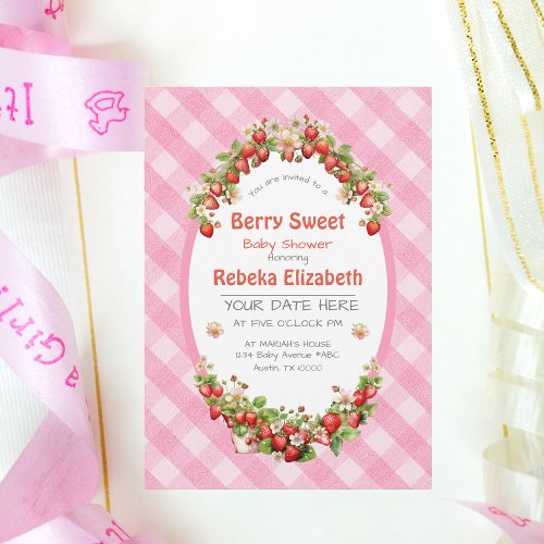 Berry Sweet Pink Gingham Baby Shower Invitation