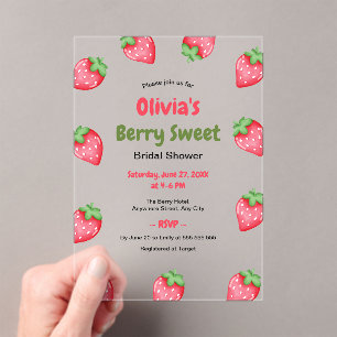 Berry Sweet Pink Red Strawberry Bridal Shower  Acrylic Invitations