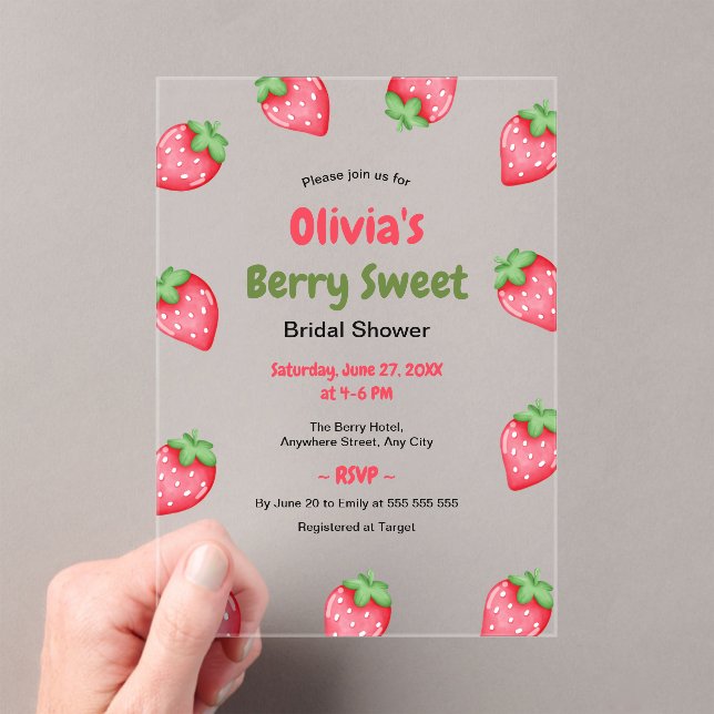 Berry Sweet Pink Red Strawberry Bridal Shower  Acrylic Invitations (Insitu (Handheld))