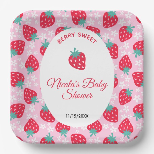 Berry Sweet Pink Strawberry Baby Shower Paper Plates (Front)