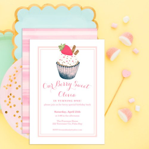 Berry Sweet Pink Strawberry Cupcake 1st Birthday Invitation