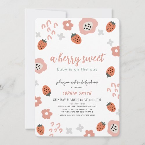 Berry Sweet Pink Strawberry Girl Baby Shower  Invitation