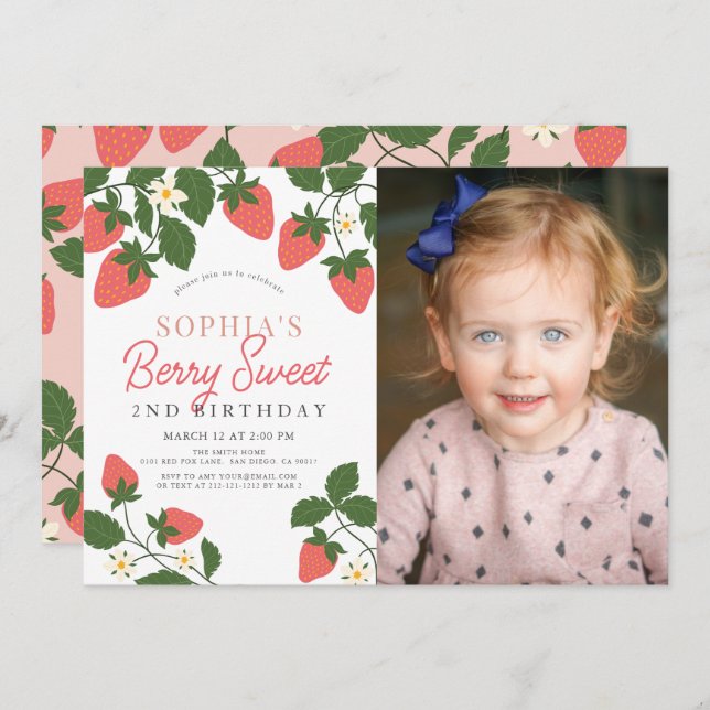 Berry Sweet Pink Strawberry Photo 2nd Birthday Invitation (Front/Back)
