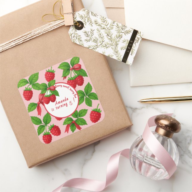 Berry Sweet Raspberry Kids Birthday Party -  Square Sticker (Gifting)
