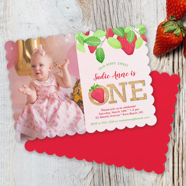 Berry Sweet Red Strawberry 1st Birthday Girl Photo Invitation | Zazzle