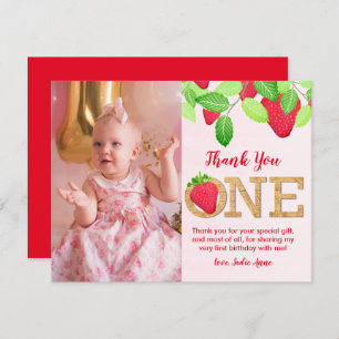 Berry Sweet Red Strawberry 1st Birthday Girl Photo Thank You Card