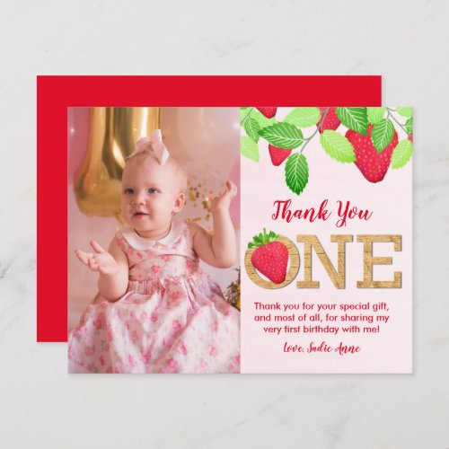 Berry Sweet Red Strawberry 1st Birthday Girl Photo Thank You Card