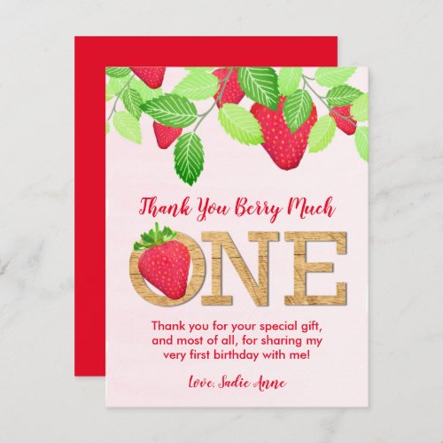 Berry Sweet Red Strawberry 1st Birthday Girl Photo Thank You Card