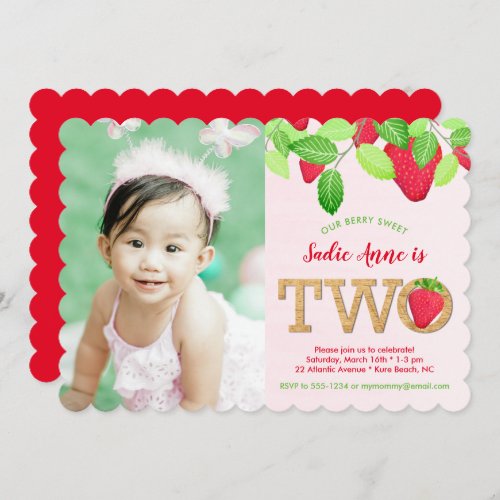 Berry Sweet Red Strawberry 2nd Birthday Girl Photo Invitation