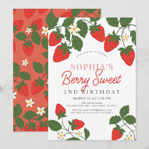 Berry Sweet Red Strawberry Floral 2nd Birthday Invitation