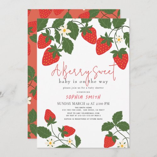 Berry Sweet Red Strawberry Floral Girl Baby Shower Invitation