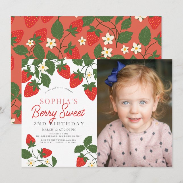 Berry Sweet Red Strawberry Photo 2nd Birthday Invitation (Front/Back)