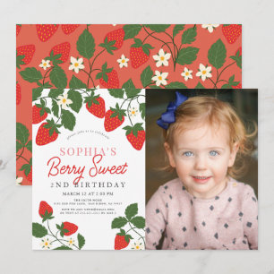 Berry Sweet Red Strawberry Photo 2nd Birthday Invitation