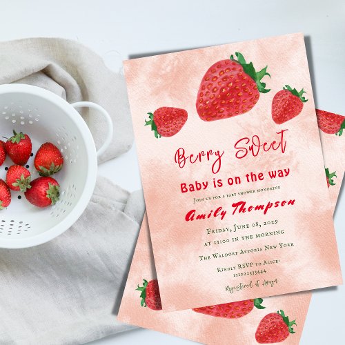 Berry Sweet Red Strawberry Watercolor Baby Shower Invitation