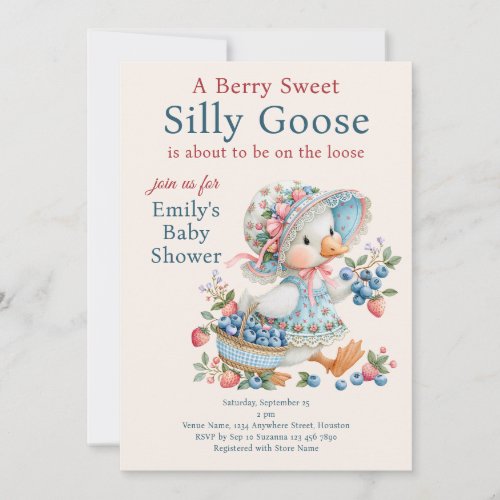 Berry Sweet Silly Goose Berries Baby Shower cream Invitation