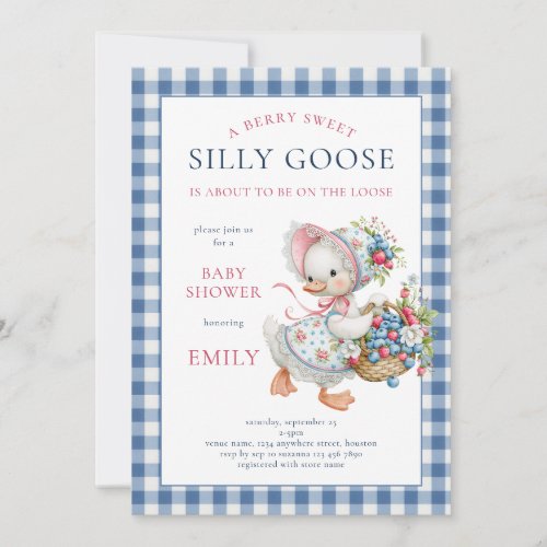 Berry Sweet Silly Goose Blue Gingham Baby Shower Invitation