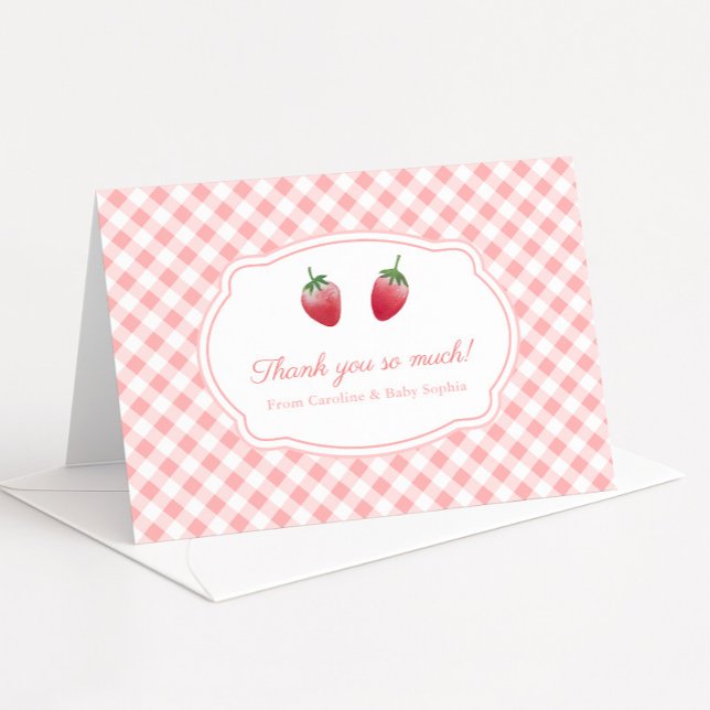 Berry Sweet Strawberries And Pink White Gingham Thank You Card (Berry Sweet watercolor strawberries & pink gingham folding thank you card for baby or bridal shower)