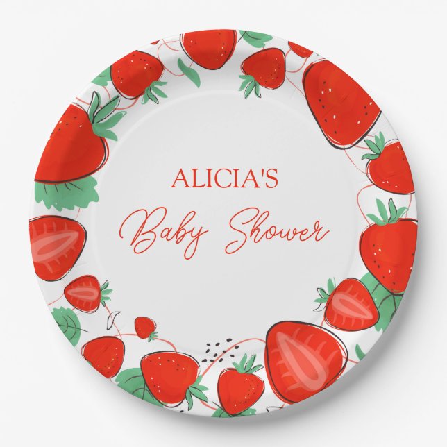 Berry Sweet Strawberries Girl Baby Shower Paper Plates (Front)