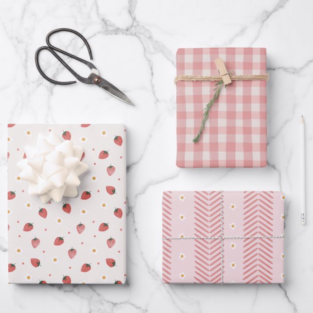 Berry Sweet Strawberries Pink Gingham Daisies Wrapping Paper Sheets (Front)