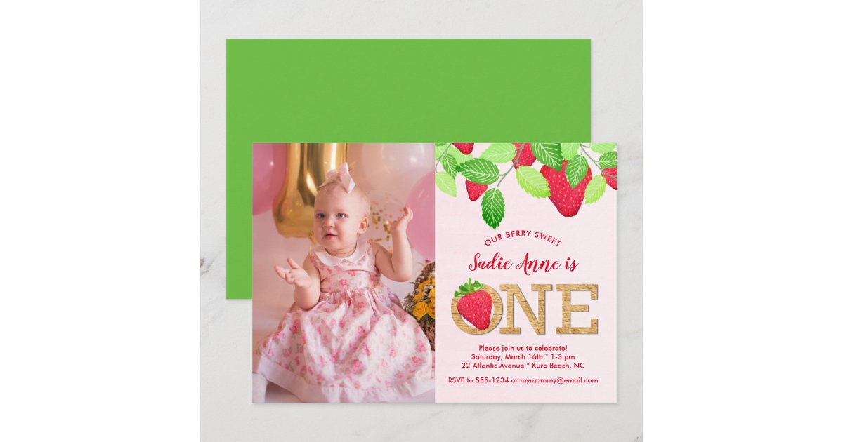 Berry Sweet Strawberry 1st Birthday Girl Photo Invitation | Zazzle