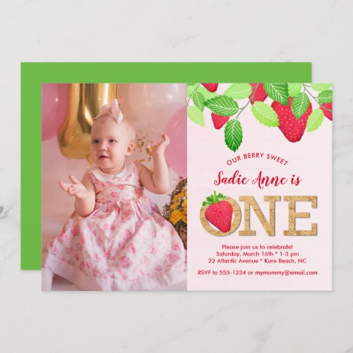 Berry Sweet Strawberry 1st Birthday Girl Photo Invitation