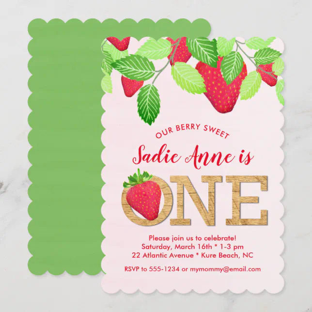 Berry Sweet Strawberry 1st Birthday Girl Red Green Invitation | Zazzle
