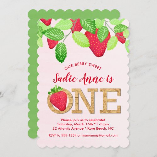 Berry Sweet Strawberry 1st Birthday Girl Red Green Invitation