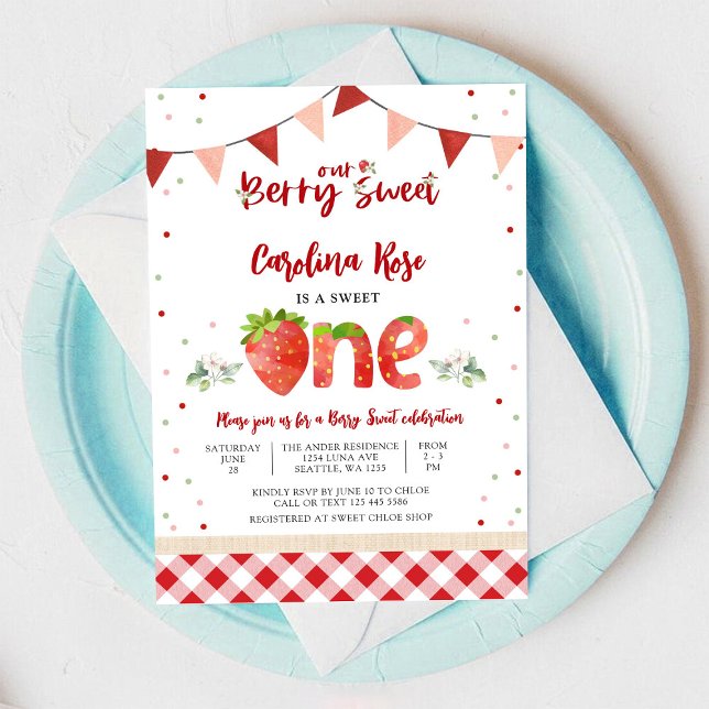 Berry Sweet Strawberry 1st Birthday Invitation (Creator Uploaded)