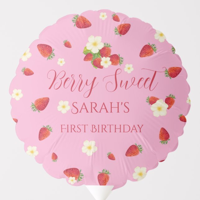 Berry Sweet Strawberry 1st Birthday Party Balloon (Front)