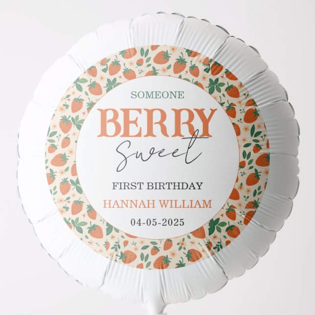 Berry Sweet Strawberry 1st Birthday Party Balloon (Front)