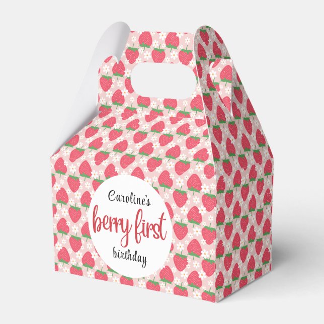 Berry Sweet Strawberry 1st Birthday Party Favor Boxes (Front Side)