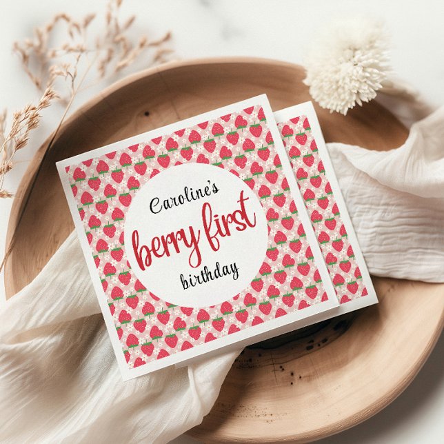 Berry Sweet Strawberry 1st Birthday Party Napkins (Creator Uploaded)
