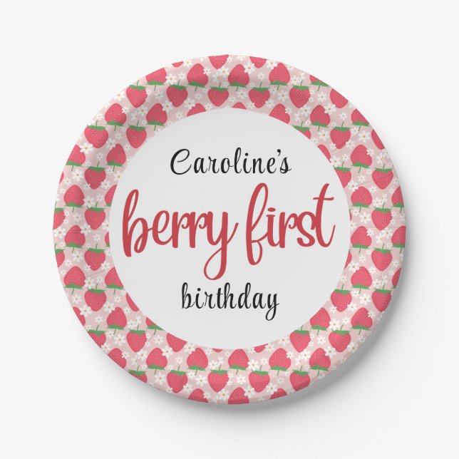 Berry Sweet Strawberry 1st Birthday Party Paper Plates (Front)