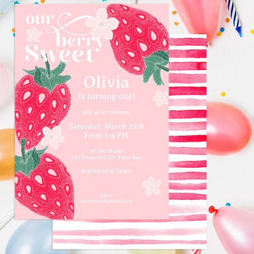 Berry Sweet Strawberry 1st Birthday Party Pink Red Invitation