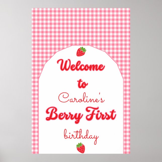 Berry Sweet Strawberry 1st Birthday Party Poster (Front)