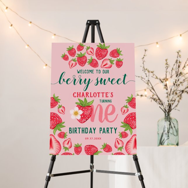 Berry Sweet Strawberry 1st Birthday Party Welcome  Foam Board (In Situ (Stand))
