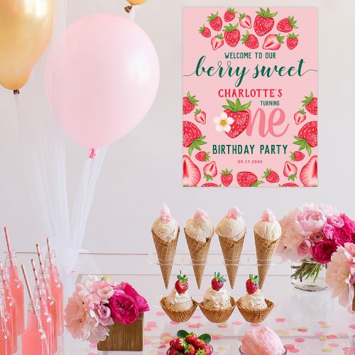Berry Sweet Strawberry 1st Birthday Party Welcome  Poster