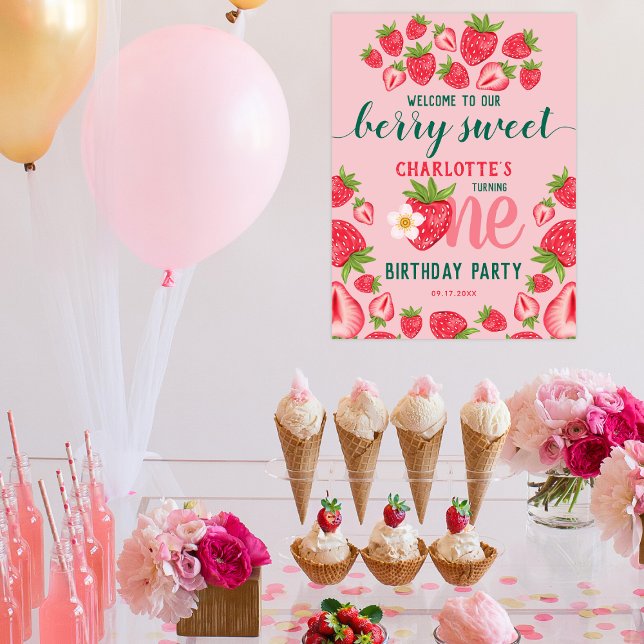 Berry Sweet Strawberry 1st Birthday Party Welcome  Poster (Creator Uploaded)