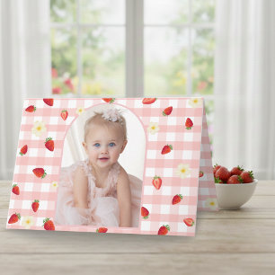 Berry Sweet Strawberry 1st Birthday Photo Folded H Letterpress Thank You Card